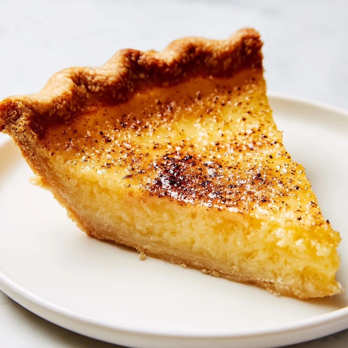 Golden-brown slices of buttermilk pie, the Southern classic, ready to serve with a flaky crust.