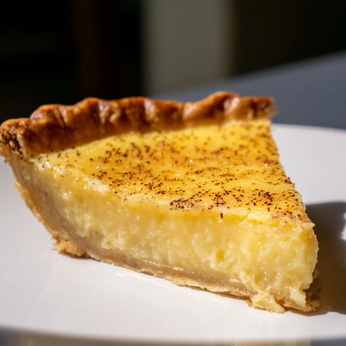 Warm, creamy buttermilk pie, offering a perfect balance of sweet and tangy flavors in every bite.