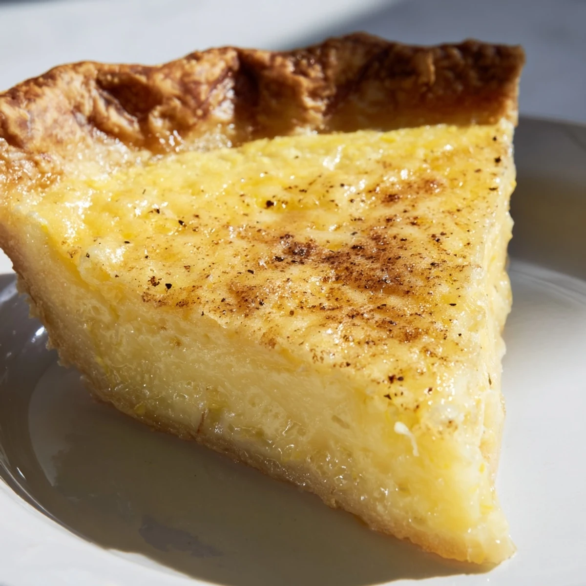 A whole, freshly baked buttermilk pie with a slightly jiggly center, ideal for dessert tonight.