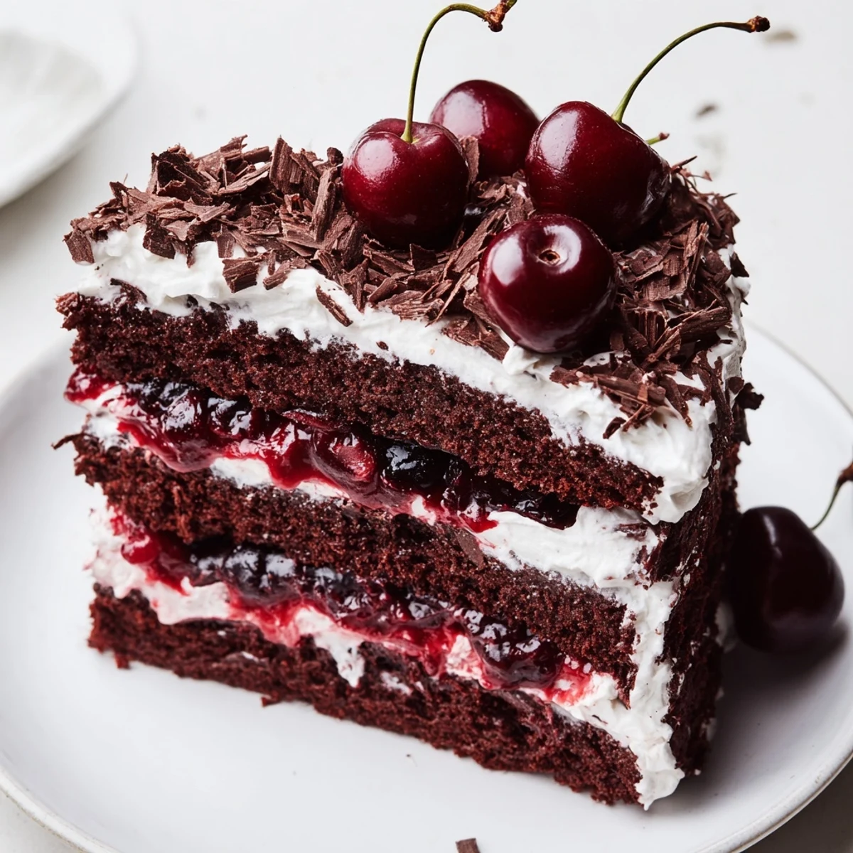 A slice of Black Forest Cake showcasing layered chocolate, cherries, and fluffy whipped cream.