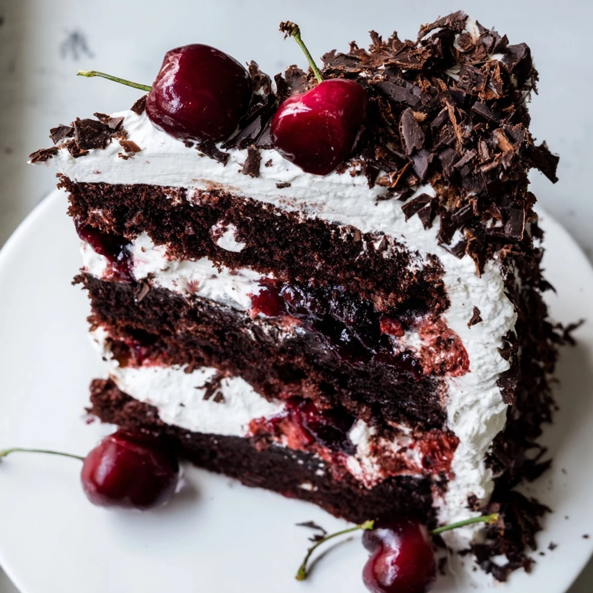 Decadent Black Forest Cake with chocolate shavings and fresh cherries, ready to enjoy.
