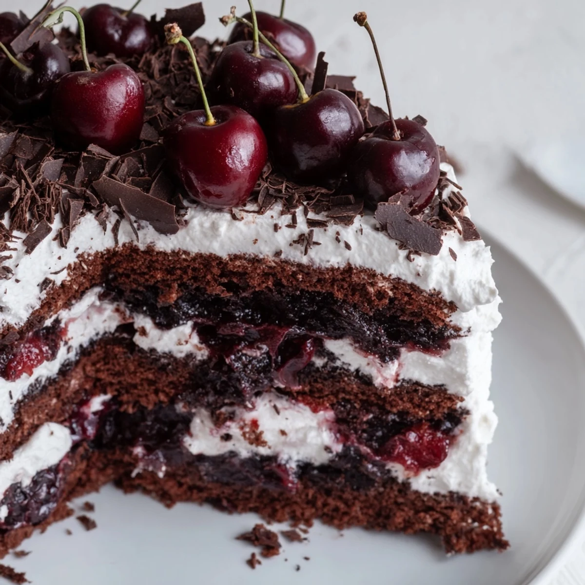 Close-up of a delicious Black Forest Cake, promising sweet cherries and rich chocolate flavor.