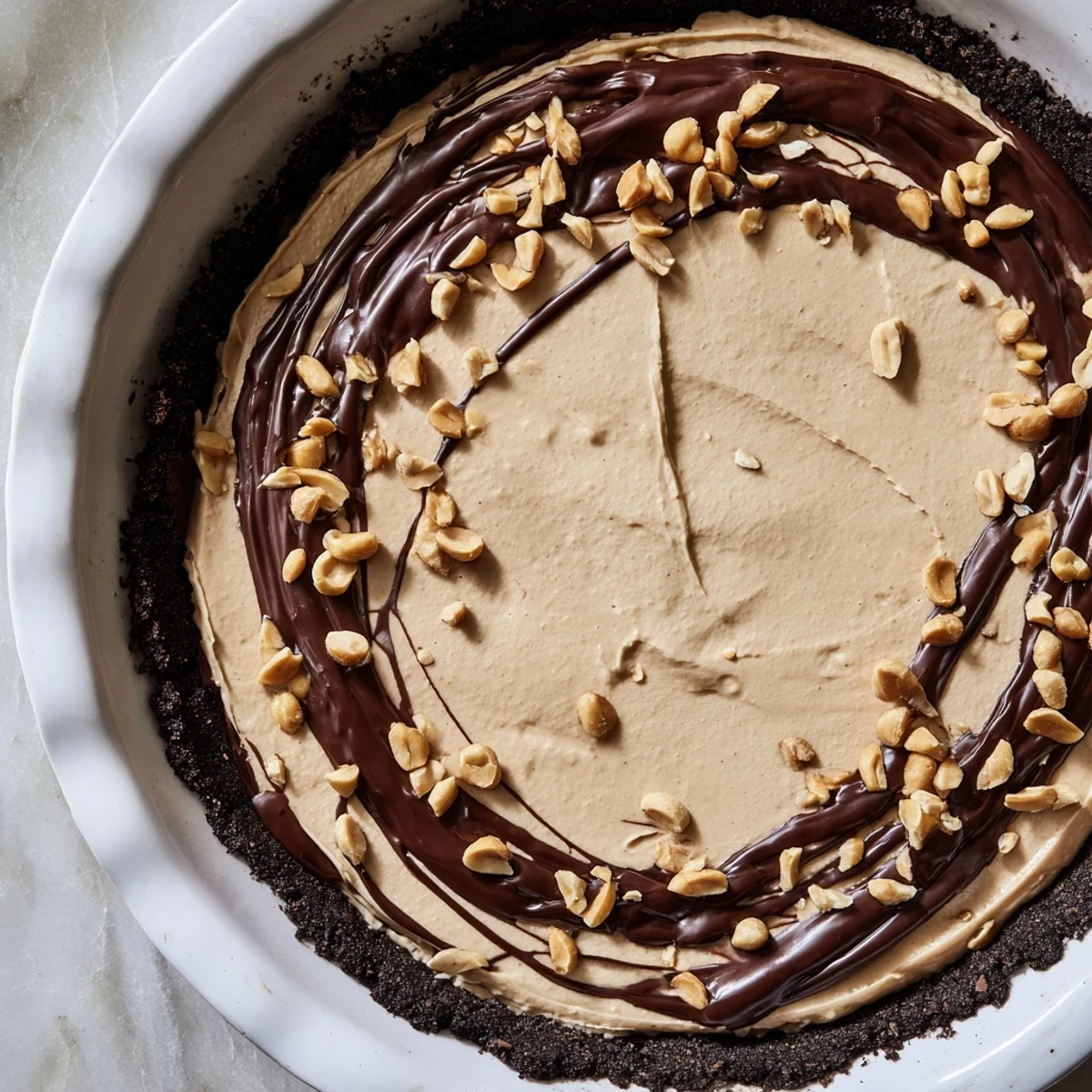 Creamy peanut butter pie, a no-bake dessert, chilled and ready with optional chocolate drizzle.