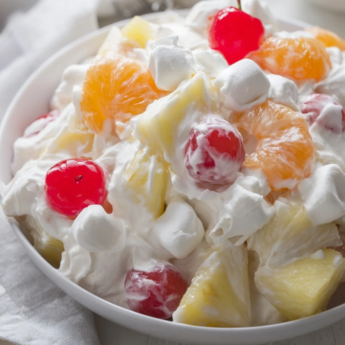 A refreshing Ambrosia Salad, creamy and studded with colorful fruit and marshmallows.