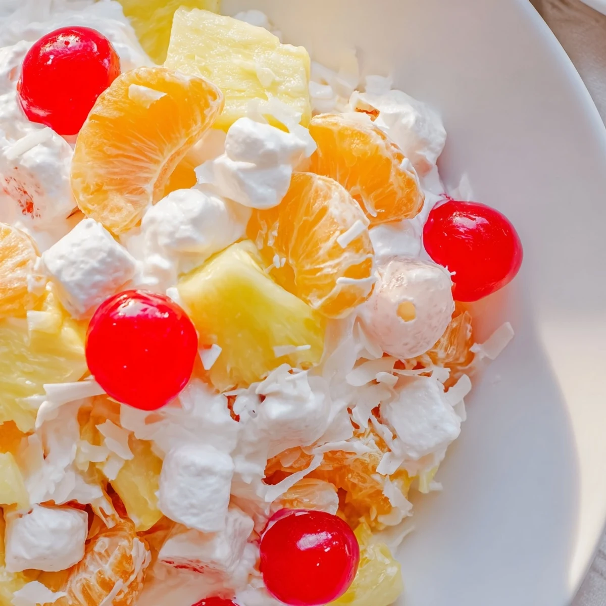 Classic American Ambrosia Salad, a sweet dessert combining mandarin oranges and coconut.