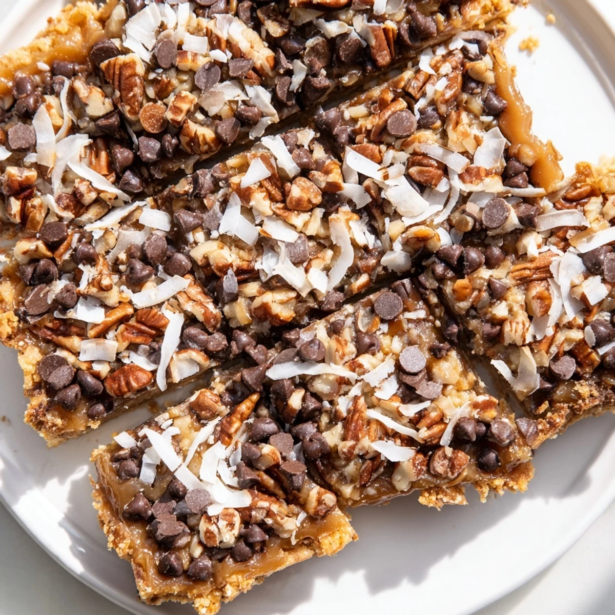 A freshly baked pan of Magic Cookie Bars, showing off layers of chewy, delicious goodness.