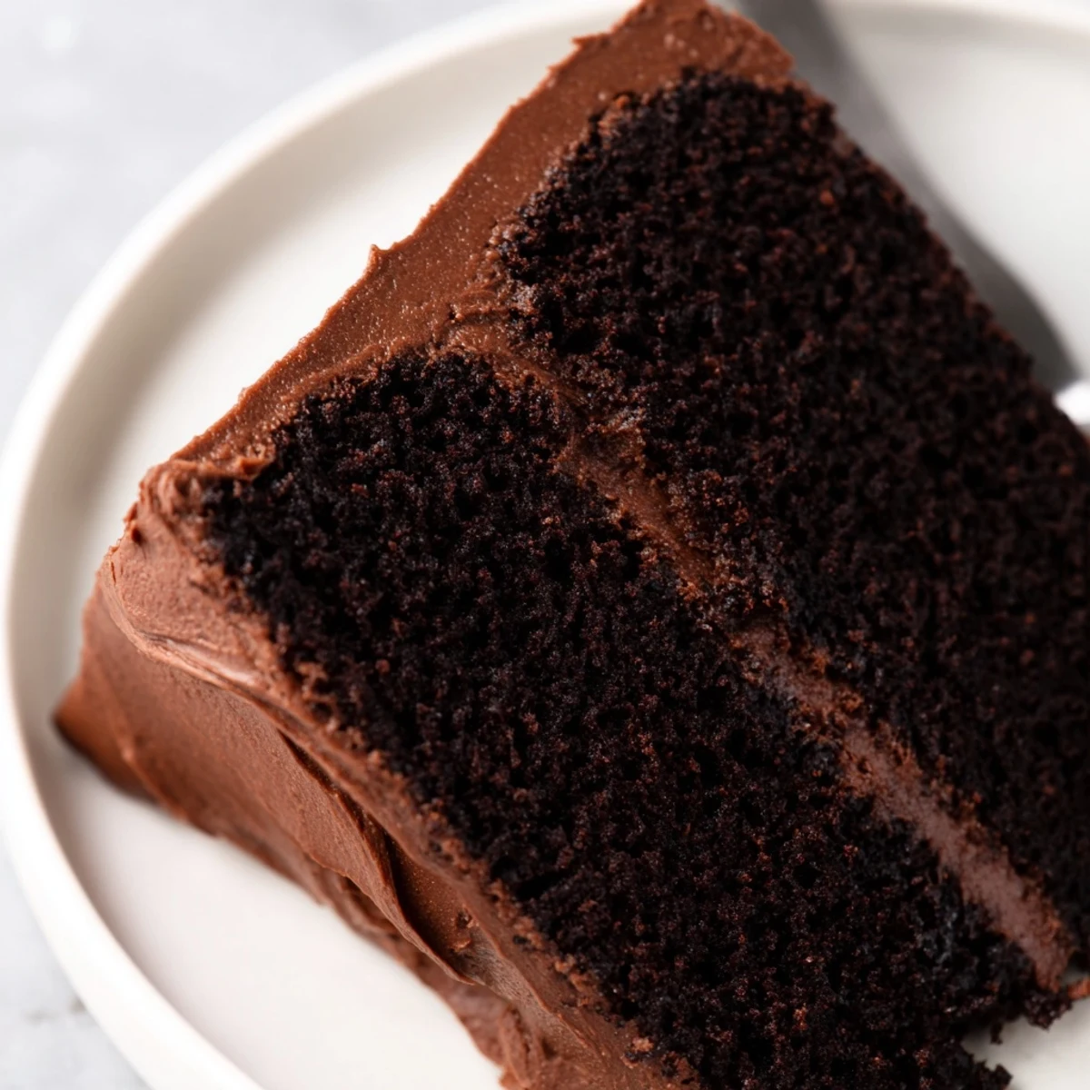 A tall slice of rich Devil's Food Cake, frosted with creamy chocolate buttercream, ready to devour!