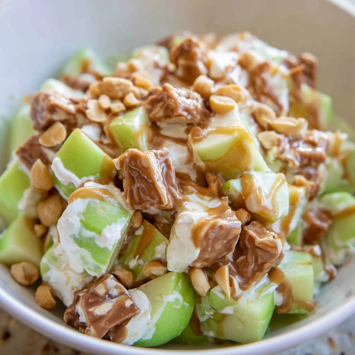 A close-up of Snickers Salad: creamy, sweet, with crunchy apple and candy pieces.