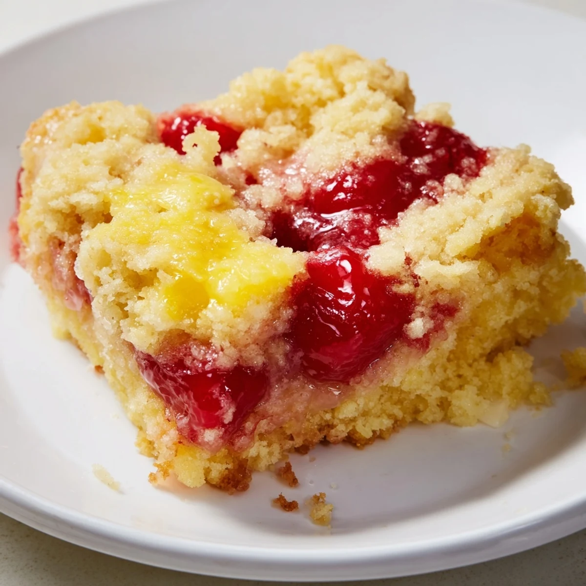 Close-up of a freshly baked Dump Cake with bubbling fruit and crispy, golden crust.