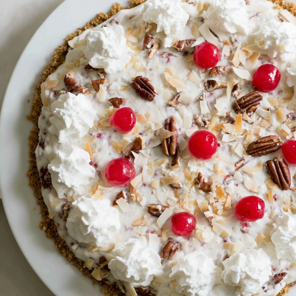 Creamy Millionaire Pie with crushed pineapple, cherries, and pecans, ready for serving at a summer picnic.