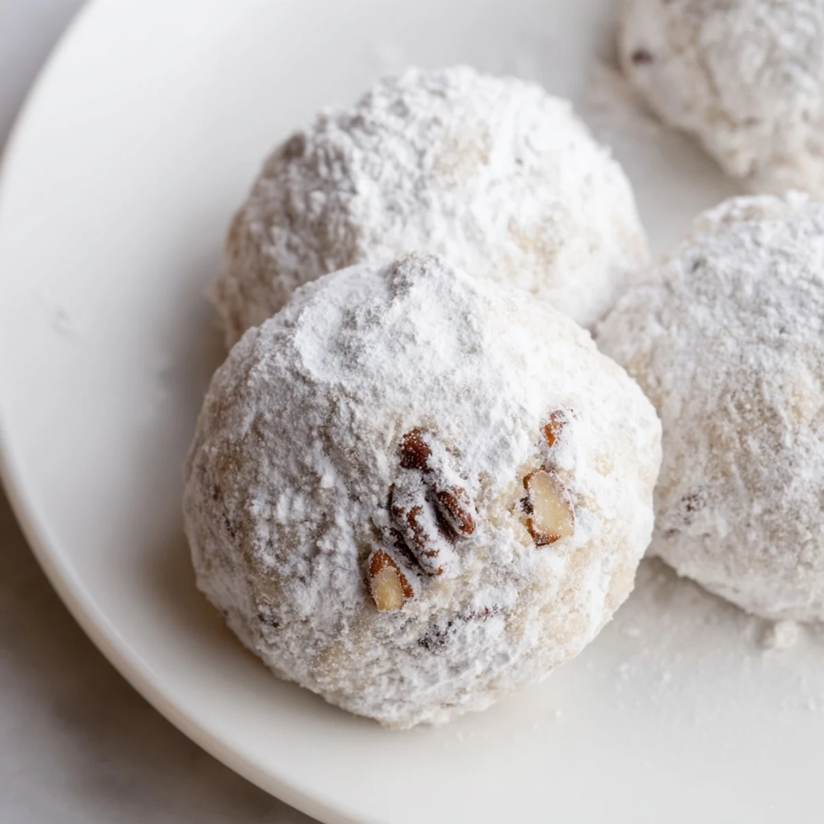 Fluffy Mexican Wedding Cookies, buttery shortbread filled with pecans, coated in powdered sugar.