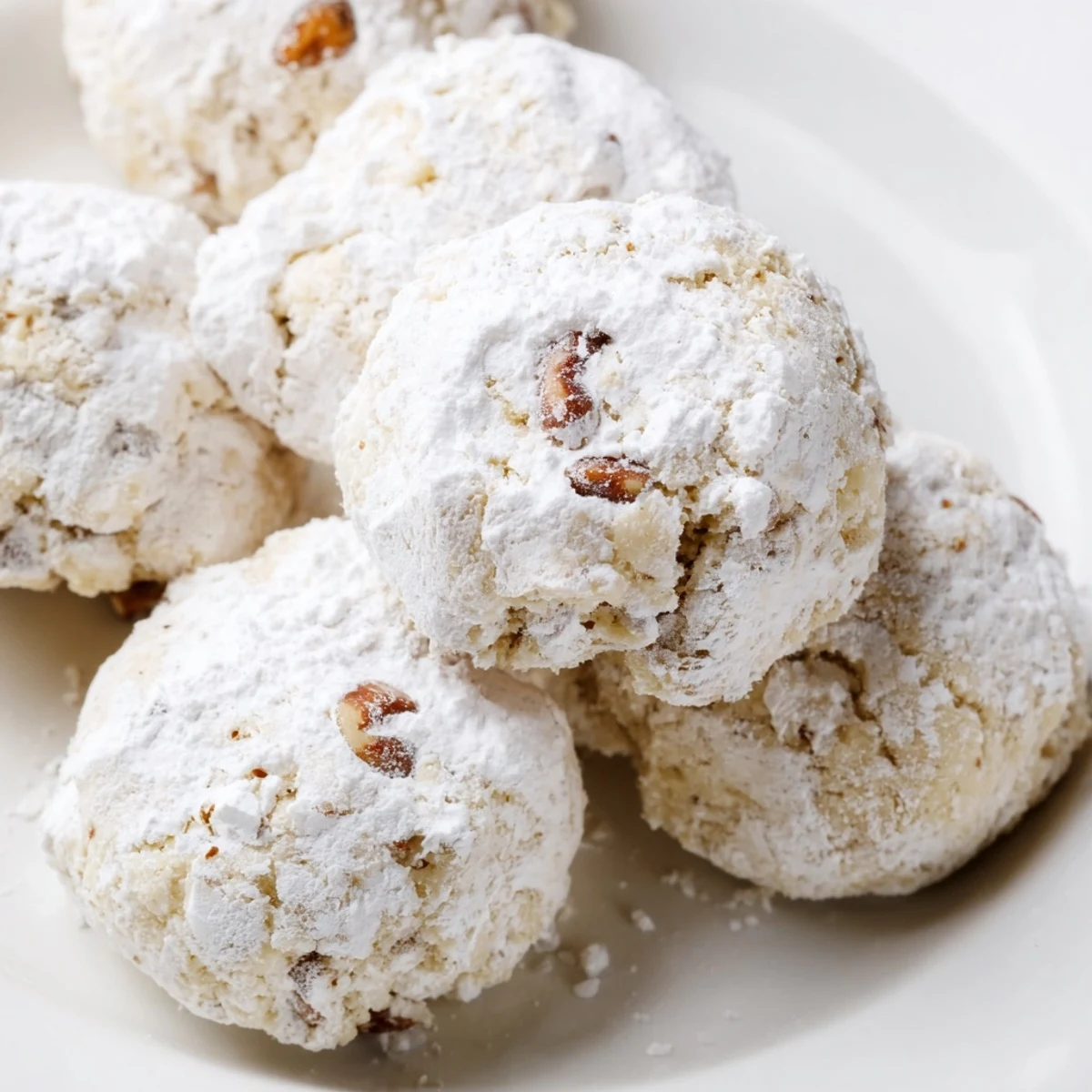 Warm, golden Mexican Wedding Cookies speckled with pecans, a delightful holiday dessert treat.