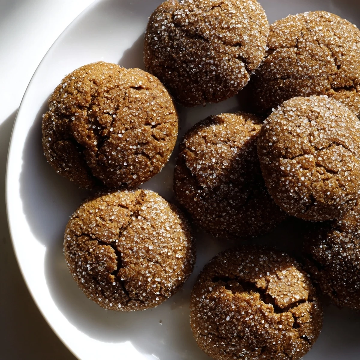 Close-up of baked Molasses Cookies, glistening with granulated sugar, offering a delightful combination of textures.