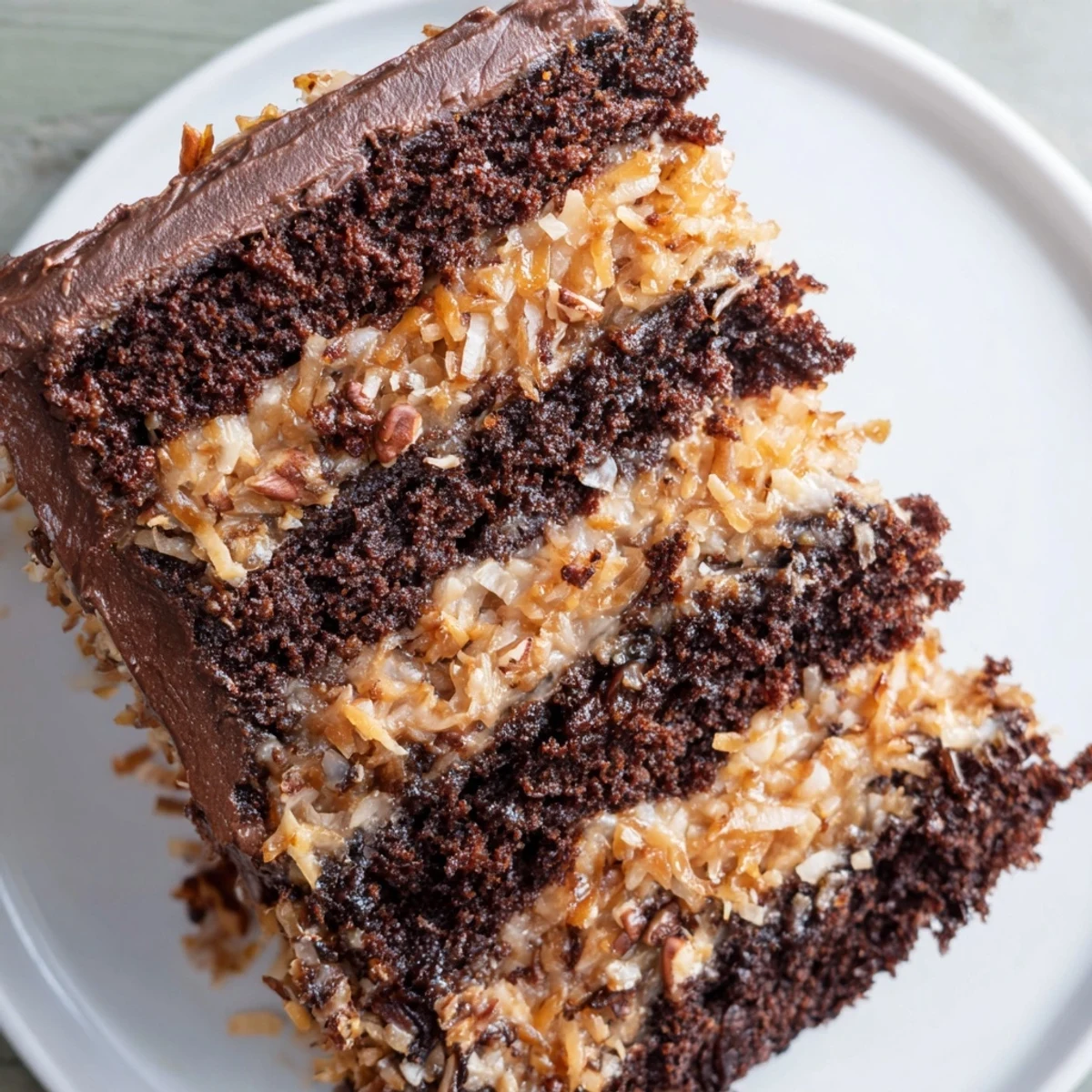 Moist layers of German Chocolate Cake, covered in a rich coconut-pecan frosting, look decadent.