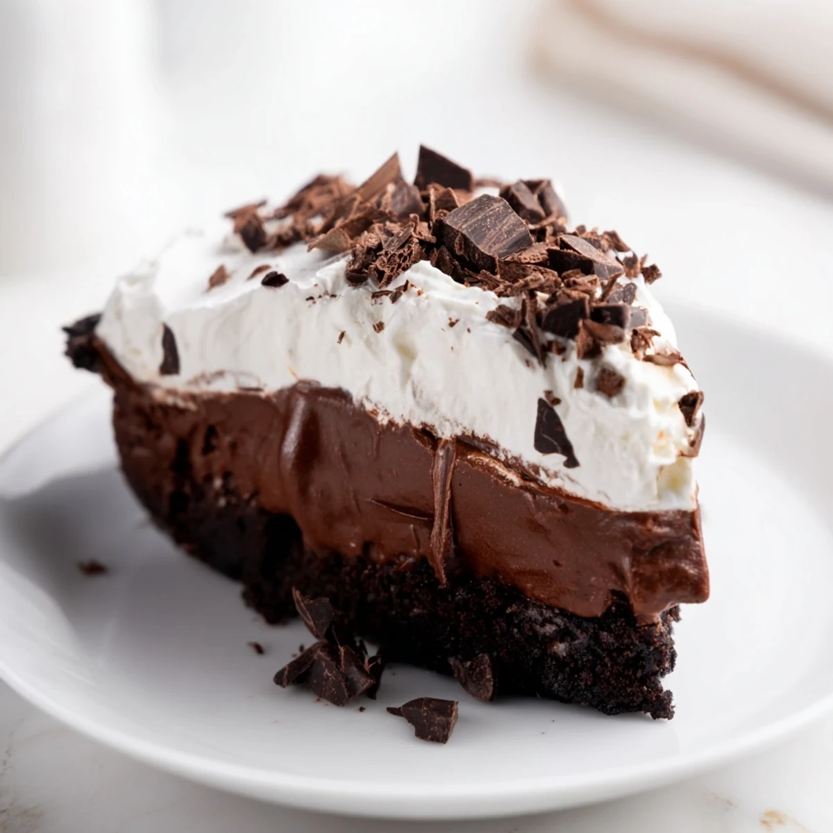 A slice of Mississippi Mud Pie showcases layers of rich chocolate pudding and brownie.