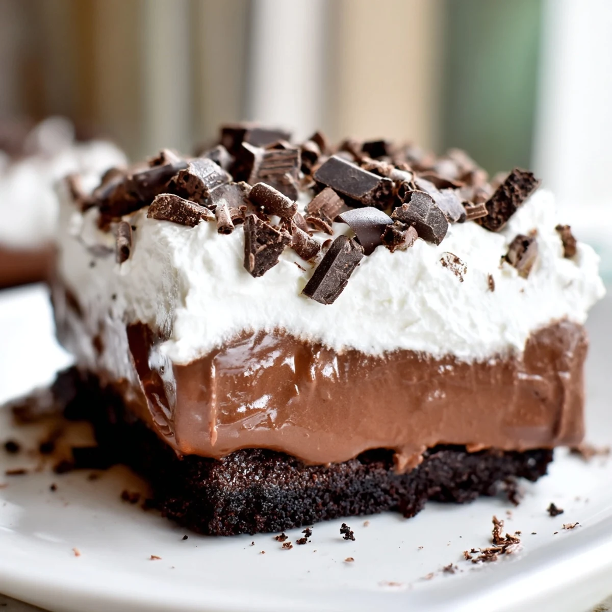 This homemade Mississippi Mud Pie features a brownie base, creamy pudding, and whipped cream topping.