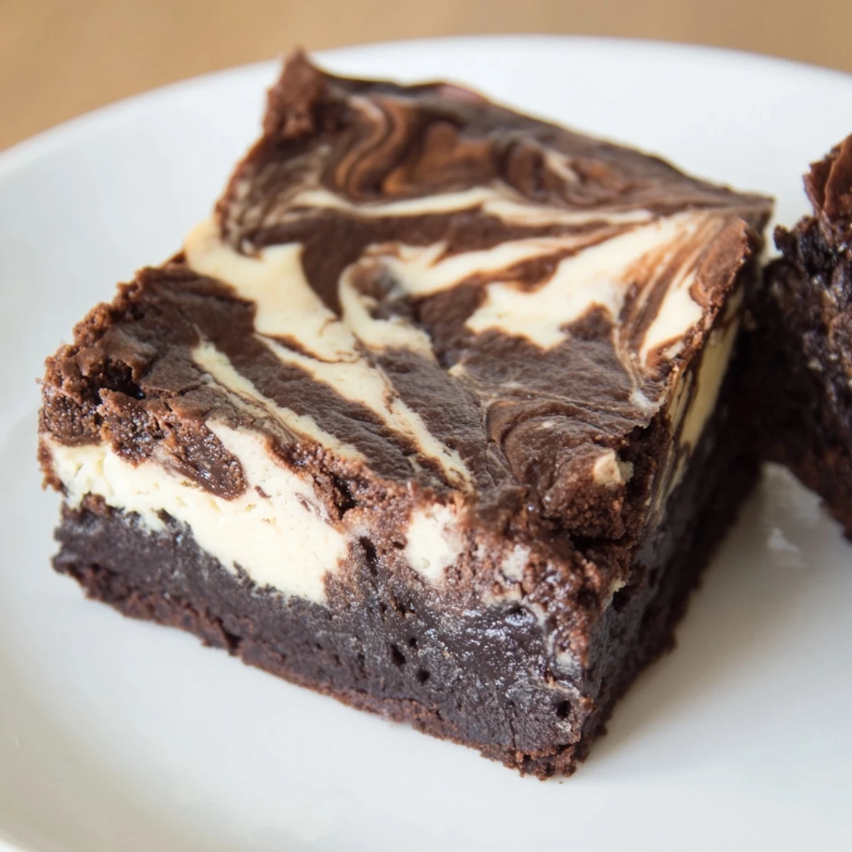 A close-up of delicious cheesecake brownies displaying a creamy cheesecake swirl within rich chocolate.