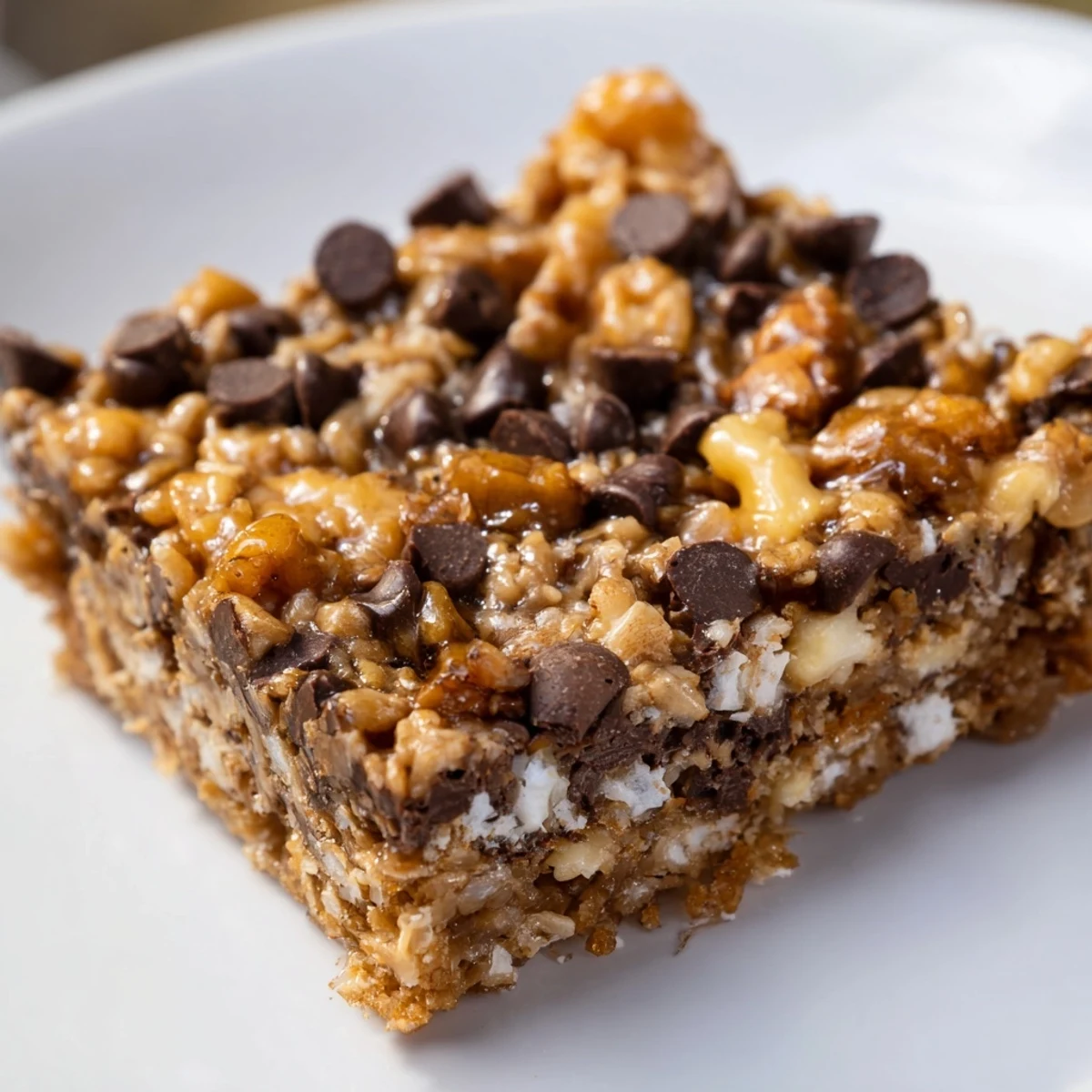 Enjoy decadent layers: A close-up view of baked Hello Dolly Bars, showcasing various textures and delicious flavors.