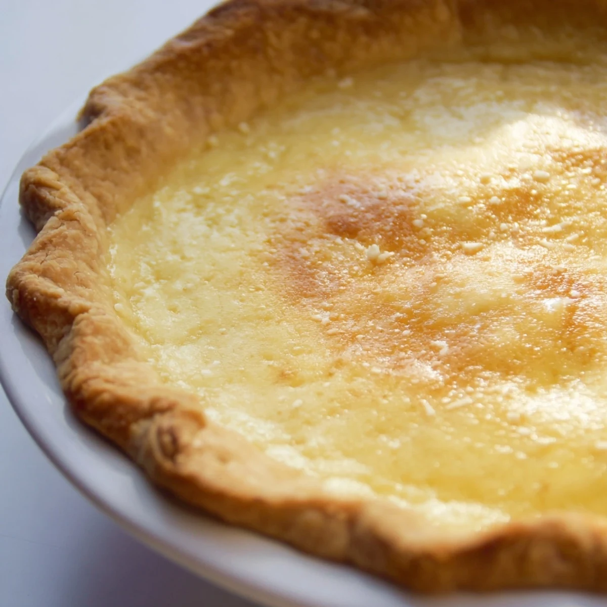 Slice of chess pie, the perfect dessert, with a glossy, golden surface and creamy textured center.