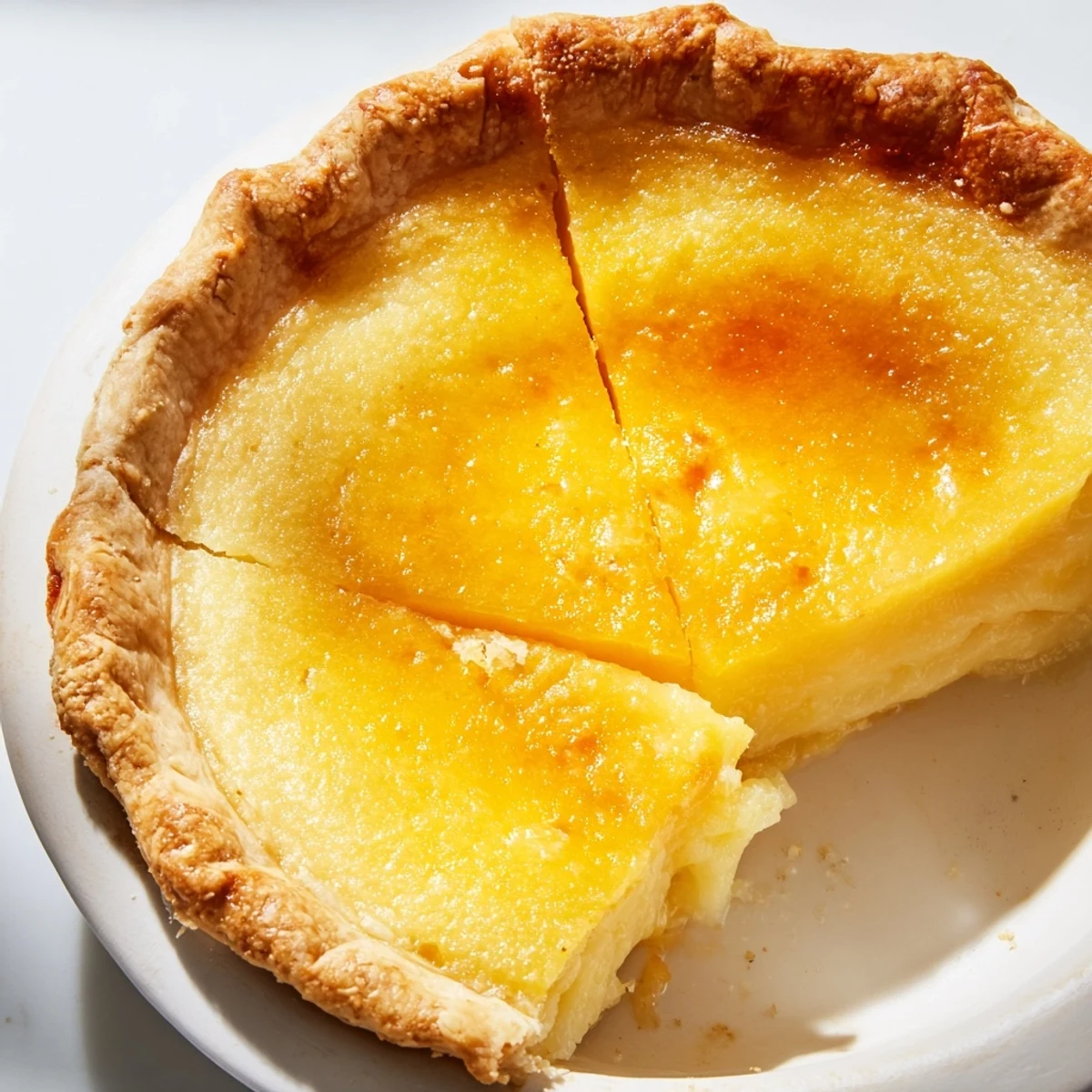 This perfectly baked chess pie features a flaky crust and rich, vanilla-kissed filling ready to serve.