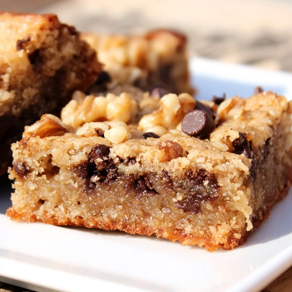 Golden, chewy blondies, studded with chocolate chips and toasted nuts, ready to enjoy.
