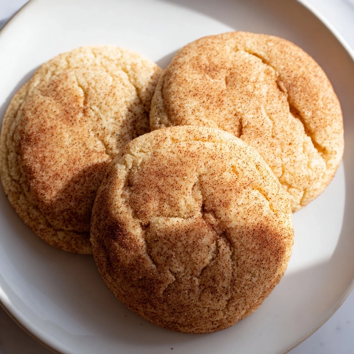 Warm, golden Snickerdoodles fresh from the oven, coated in sweet cinnamon sugar, ready to enjoy.