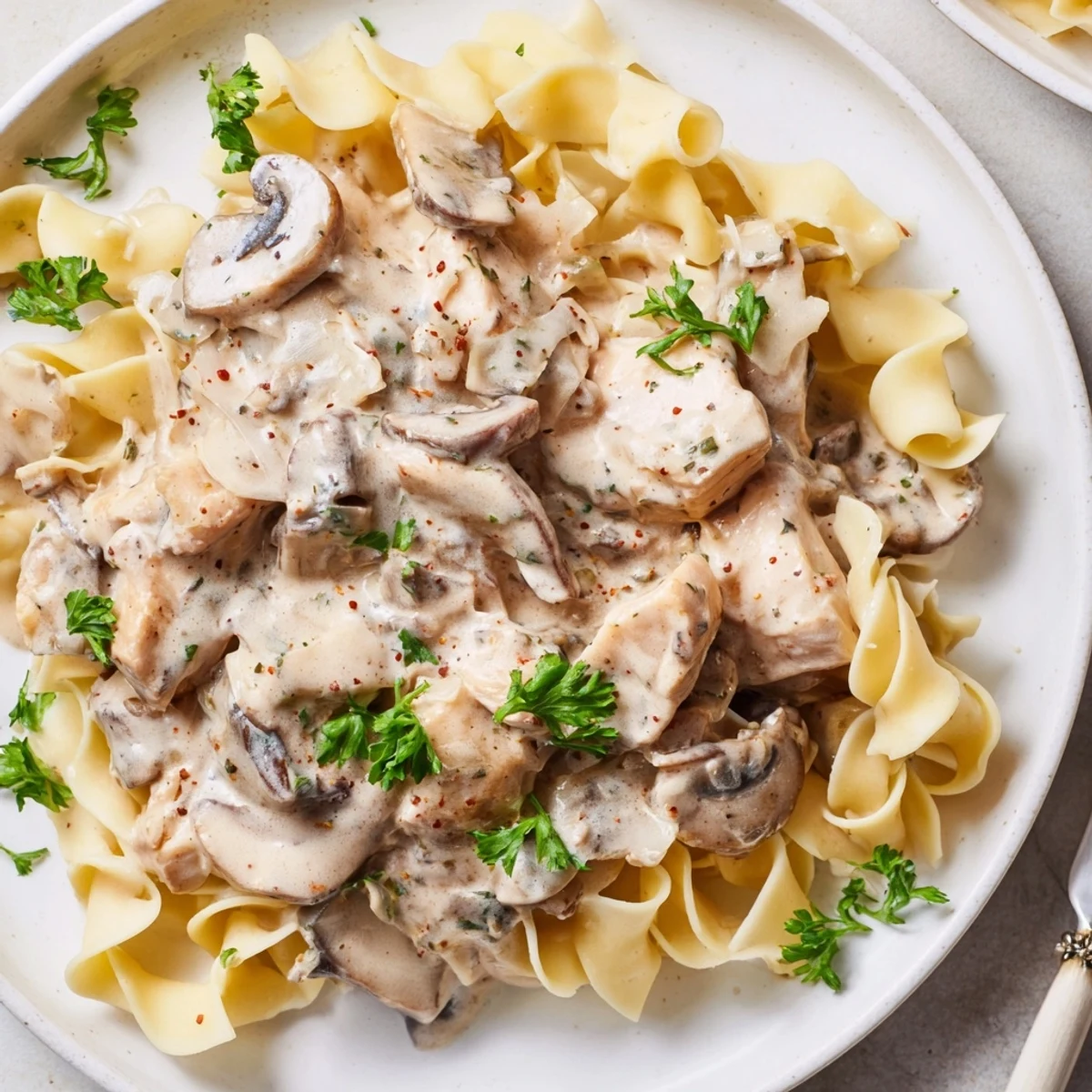 Golden-brown chicken strips and sliced cremini mushrooms simmer in a creamy, paprika-spiced sauce, served over a bed of buttery egg noodles for a comforting homemade meal.