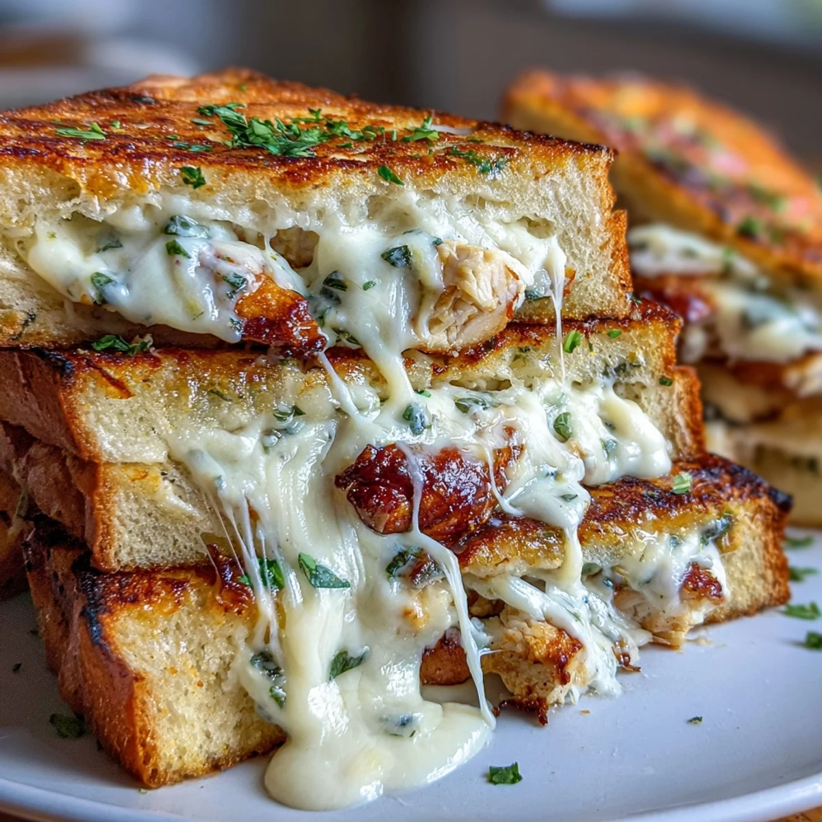 Golden toasted Italian bread is generously topped with creamy Alfredo sauce, tender chunks of chicken, and a bubbly mozzarella-cheddar blend.