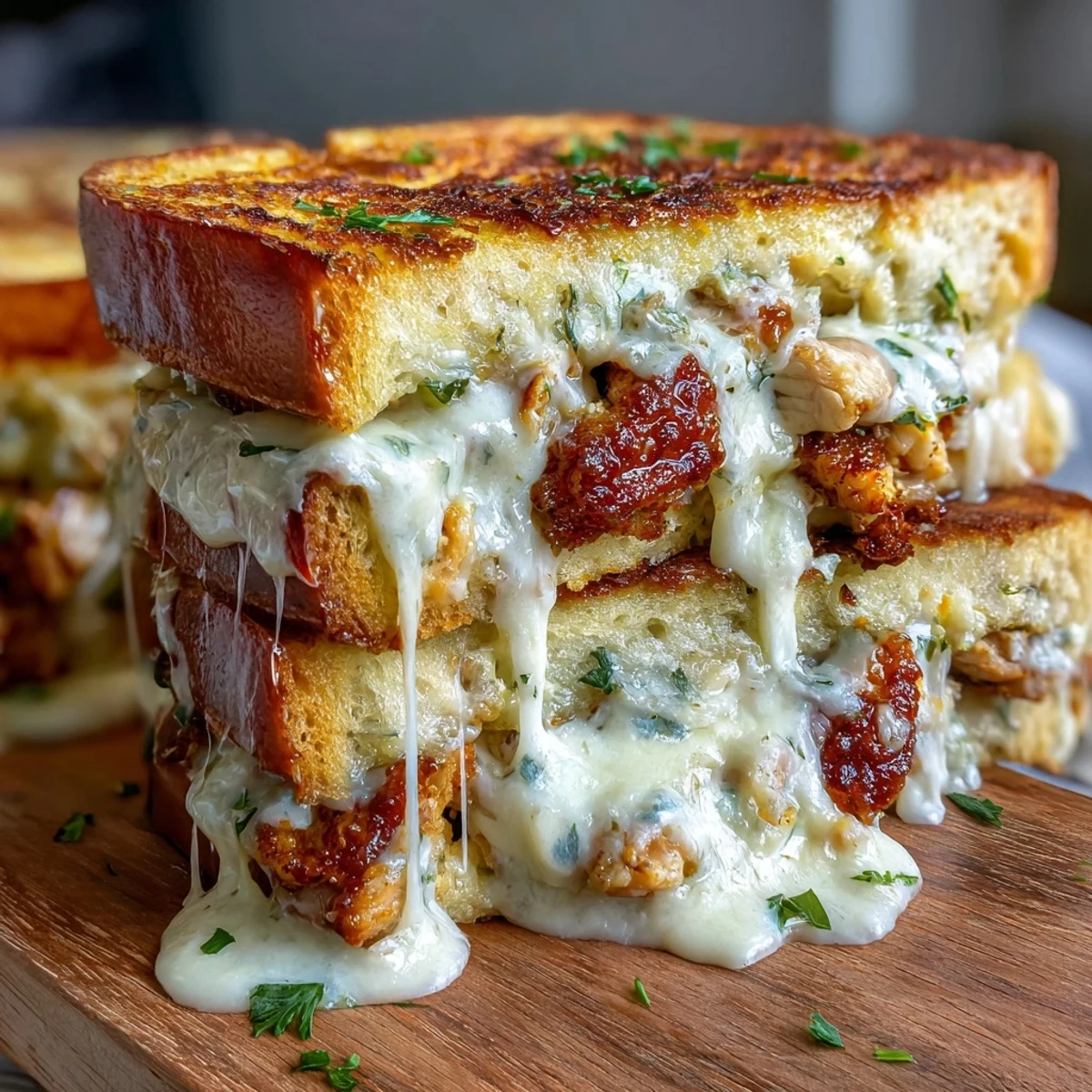 Sliced portions of Chicken Alfredo Garlic Bread are served on a wooden board, ready for dipping into extra sauce.