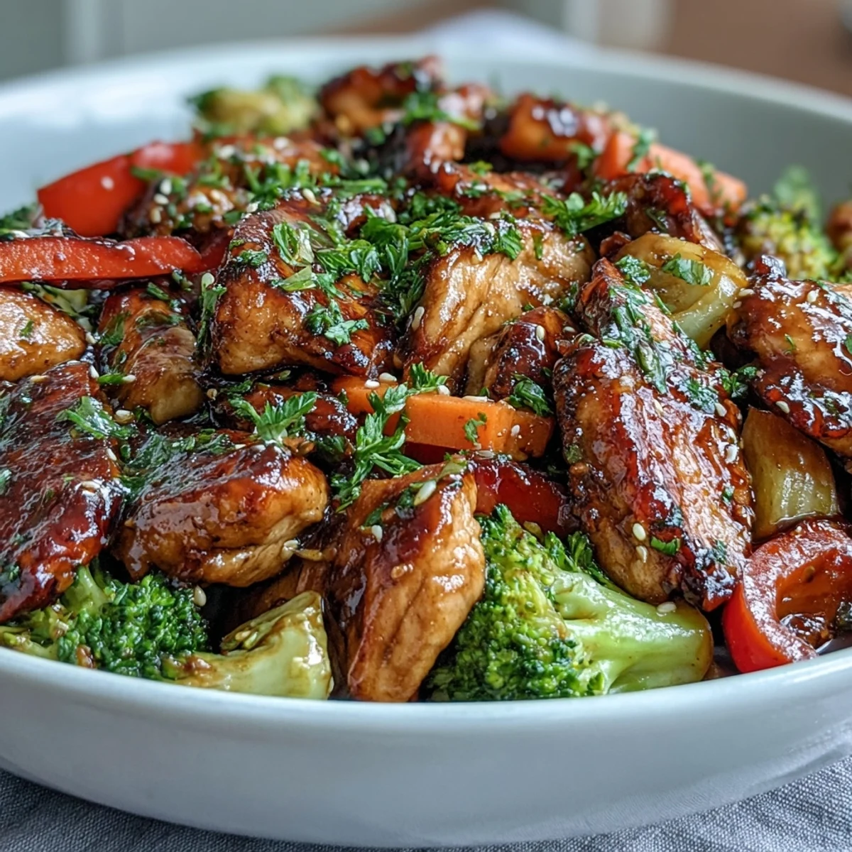 Vibrant high-protein chicken and veggie stir-fry with tender chicken, crisp bell peppers, and fresh snap peas in a savory sauce.  