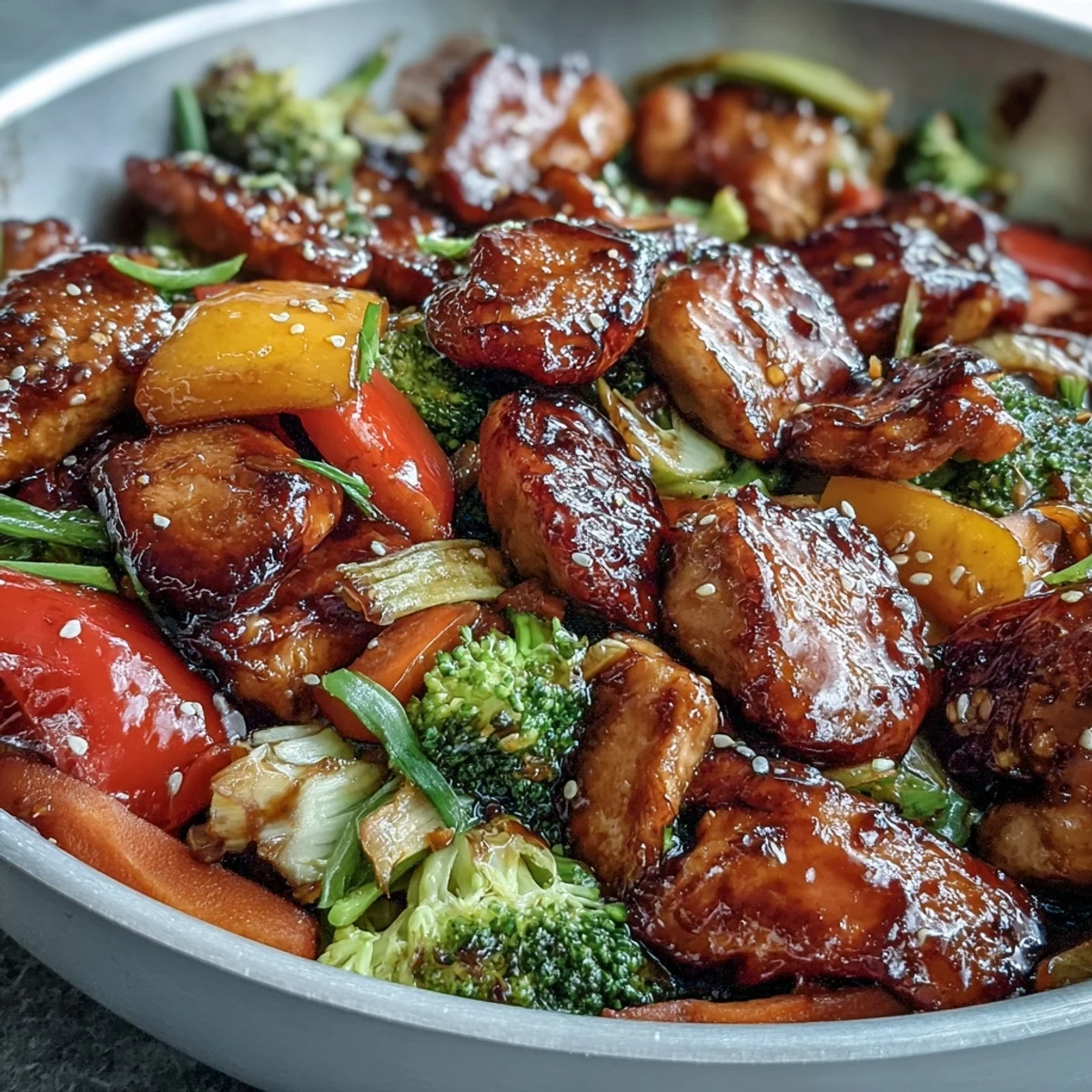 Colorful high-protein chicken and veggie stir-fry served hot, featuring golden chicken, crunchy broccoli, and julienned carrots with aromatic ginger.  