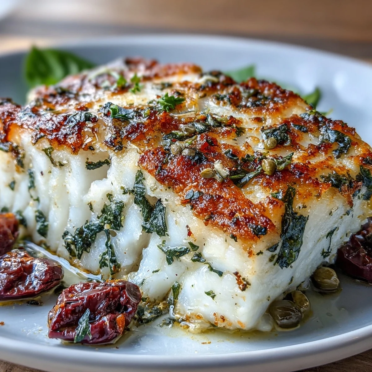 Baked cod recipe featuring tender white fish, roasted tomatoes, Kalamata olives, and zesty lemon, garnished with parsley and basil for a Mediterranean-inspired meal.  