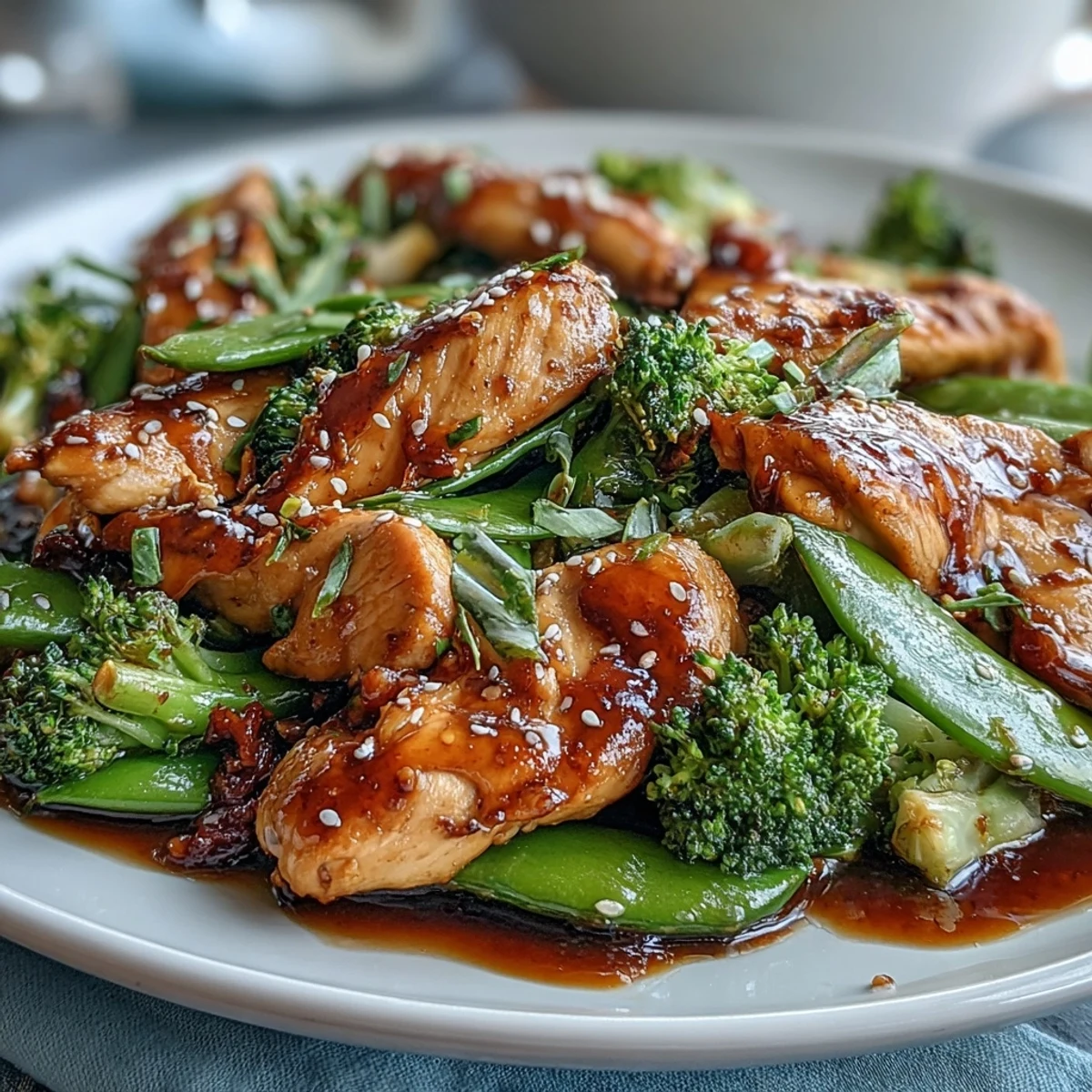 A colorful, healthy chicken stir-fry with tender broccoli and crisp snap peas in a light, savory sauce, ready in just 30 minutes.