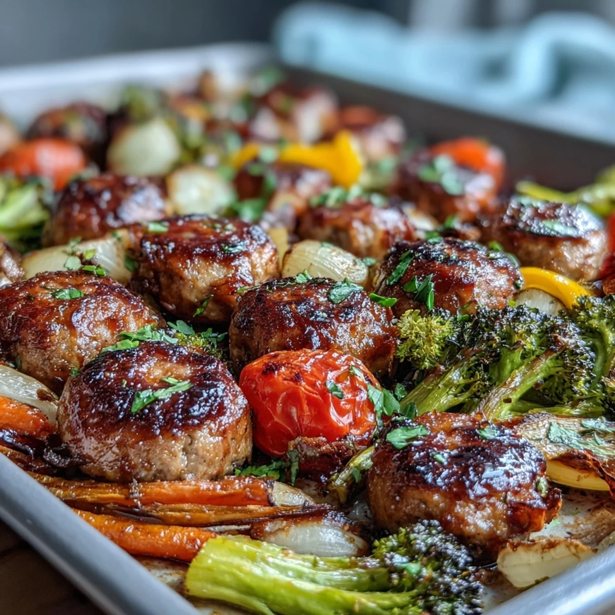 Vibrant sheet pan rainbow veggie and sausage bake with colorful roasted peppers and tender zucchini.  