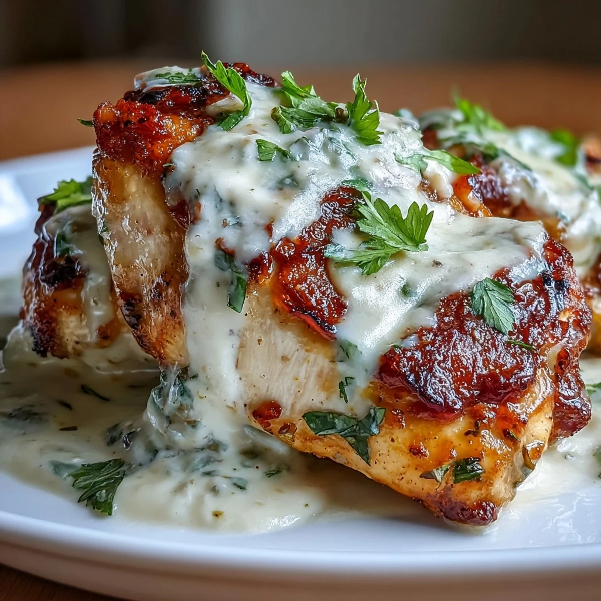Tender chicken breasts in a rich, smoky poblano cream sauce, paired with golden roasted cauliflower florets for a satisfying low-carb dinner.