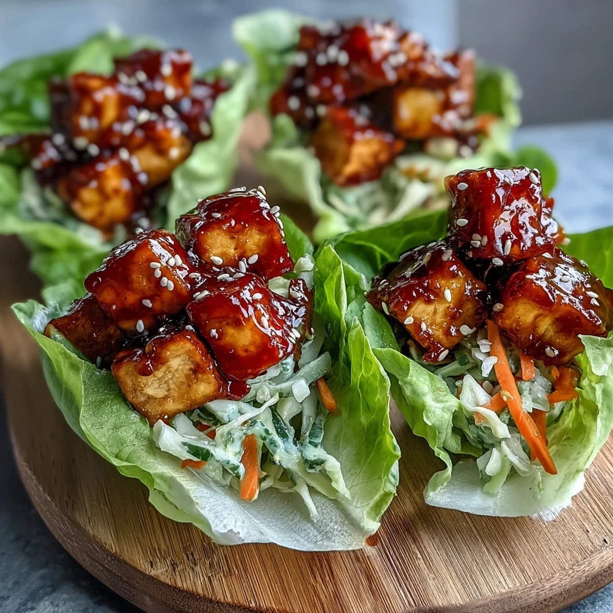 Crispy tofu glazed in sweet chili sauce nestled in lettuce leaves with crunchy veggie slaw.