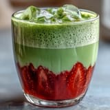 A refreshing vegan Strawberry Matcha Latte topped with airy oat milk foam, served over ice with a straw for easy sipping.