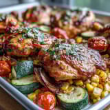 Easy sheet pan chicken dinner with zucchini and corn, bursting with summer flavors and colorful roasted vegetables.  