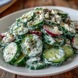 Viral cucumber salad features crisp slices drenched in creamy, herby dressing ready to serve.
