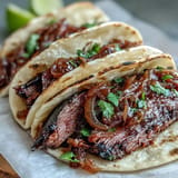 Smoked brisket tacos piled high with tangy pickled onions and fresh cilantro.