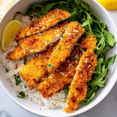 A close-up of the Crispy Parmesan Chicken Cutlet Bowl showing crunchy chicken, fresh arugula, and steaming rice.