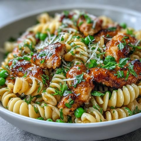 Savory garlic butter sauce coats curly pasta with tender chicken, bright peas, and lemon zest for a comforting family meal.