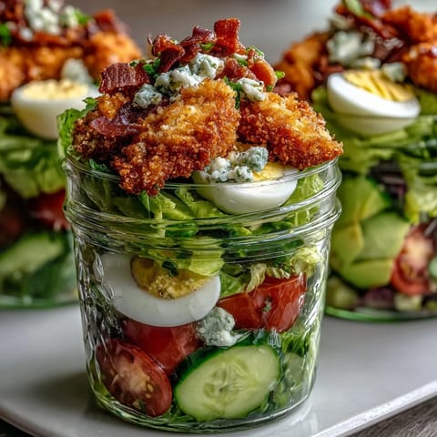 Enjoy this hearty Crispy Chicken Cobb Jar Salad with layered goodness, perfect for grab-and-go.