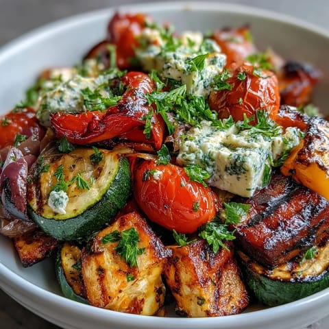 Warm roasted vegetables from the Greek salad glisten with olive oil, mingling with crisp cucumber and briny Kalamata olives.  