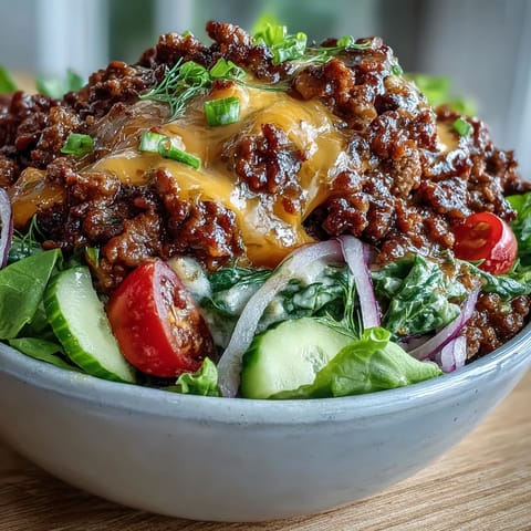 Freshly prepared Easy Big Mac in a Bowl with cherry tomatoes, red onion, pickles, and creamy dressing.