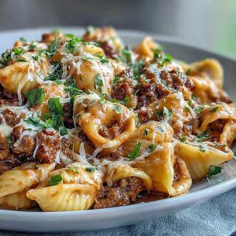 A hearty One Pot Creamy Beef and Shells with melted cheddar and Parmesan, perfect for a busy weeknight family dinner.