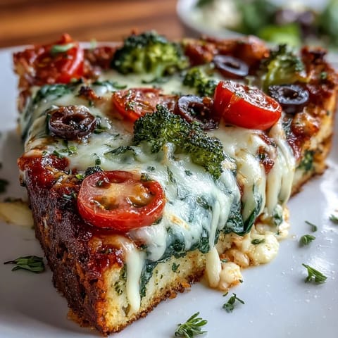 A close-up of Broccoli Chicken Crust Pizza, topped with melted mozzarella, cherry tomatoes, and fresh spinach leaves.  