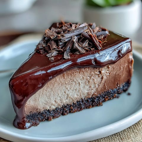 Whole Lighter Chocolate Cottage Cheese Cheesecake in a springform pan, topped with glossy dark chocolate shavings and fresh raspberries.  