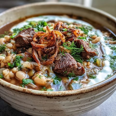 Close-up of Beef Barley Soup with tender beef, carrots, celery, and fresh herbs in a rustic pot.