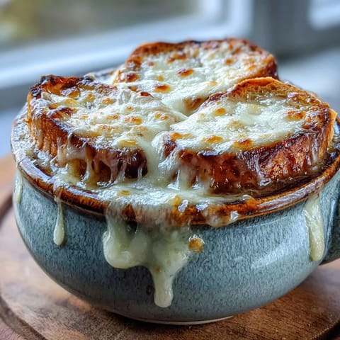 Steaming French Onion Soup in a ceramic bowl, featuring caramelized onions and melted cheese under the broiler.